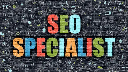  multicolor concept - seo specialist on dark brick wall with doodle icons. modern illustration in doodle style. seo specialist business concept. seo specialist on dark wall.