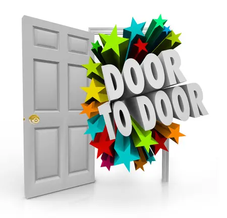 32782758 - door to door 3d words bursting through an open doorway to illustrate sales techniques in soliciting for new prospects, clients and customers