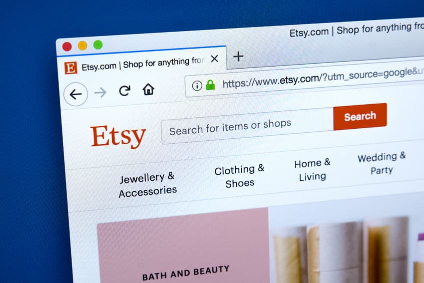 96811185 - london, uk - january 10th 2018: the homepage of the official website for etsy - the e-commerce website focussed on unique handmade or vintage items, on 10th january 2018.
